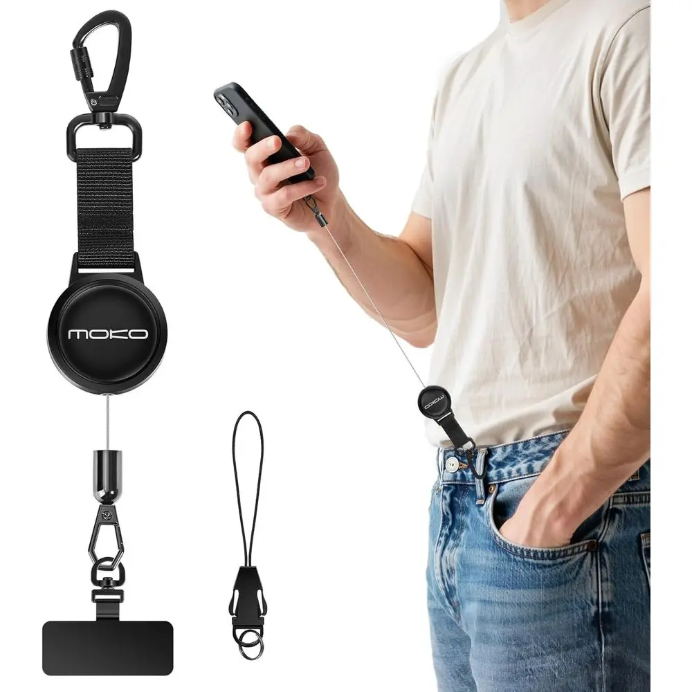 

Retractable Steel Lanyard with Locking Carabiner and 360° Tether Tab for Outdoor Activities, Black