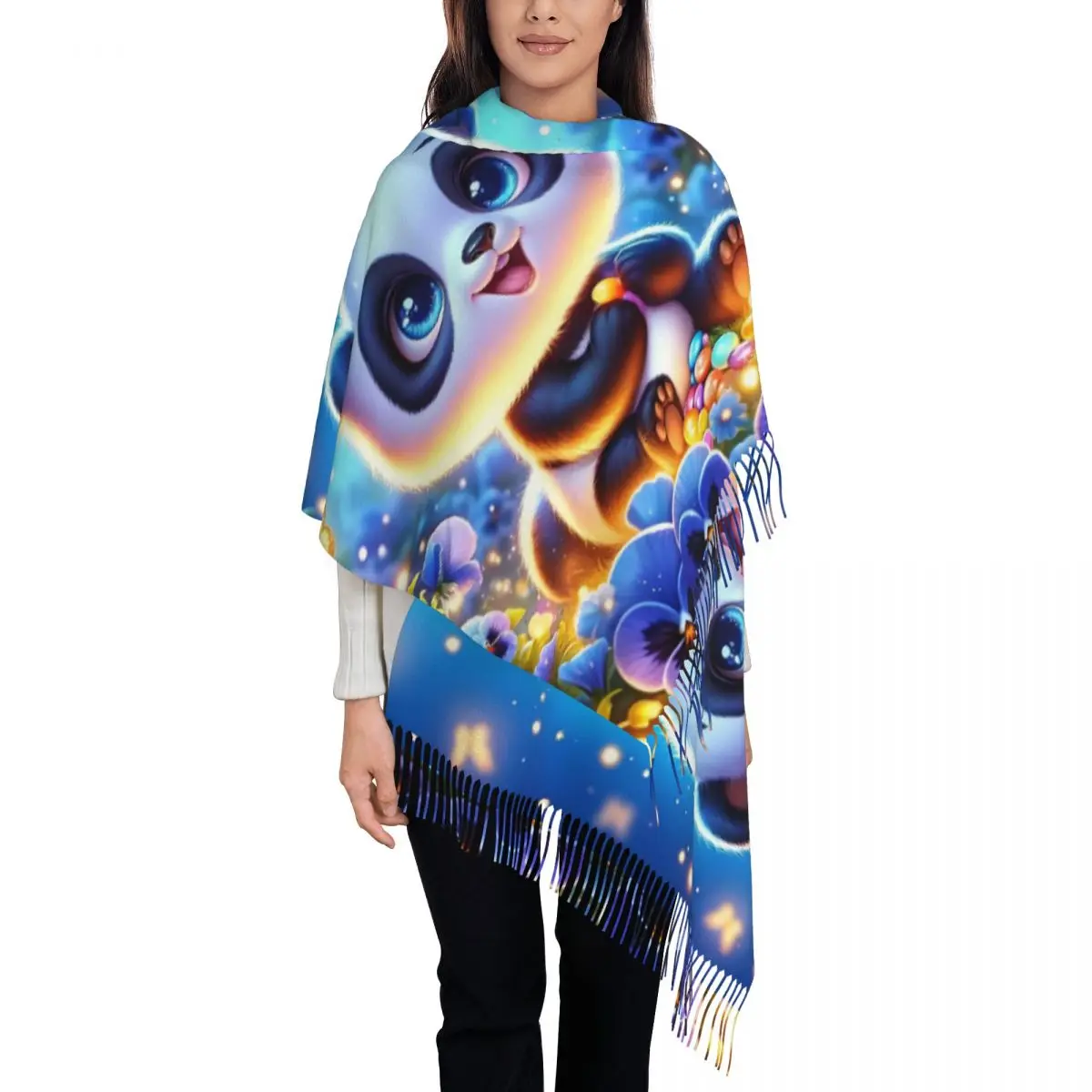 

Женский шарф с кисточками в стиле аниме, цветок, панда, бабочка, мягкие кавайные шали с героями мультфильмов, женские зимне-осенние шарфы