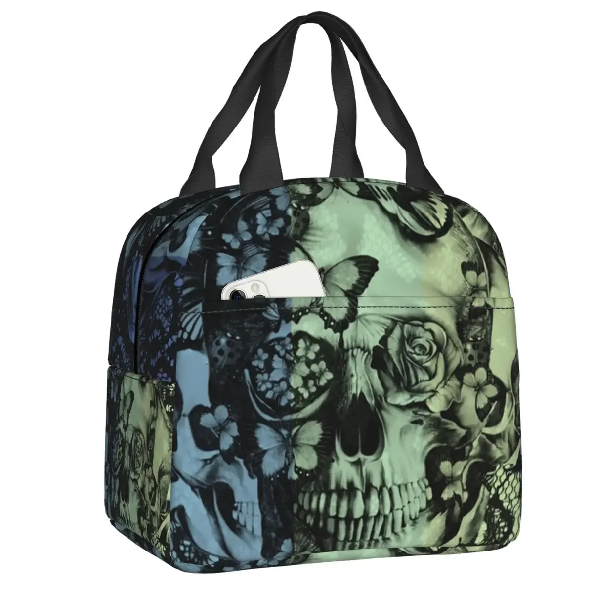 Navy Fade Victorian Lace Skull Resuable Lunch Box Multifunction Mexican Day Of The Dead Thermal Cooler Food Insulated Lunch Bag