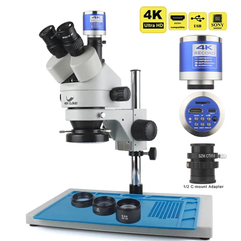 PCB Soldering Repair Lab Industrial 3.5-90X  Simul-focal Trinocular Stereo Microscope 4K 48MP 55MP USB Digital VGA HDMI Camera