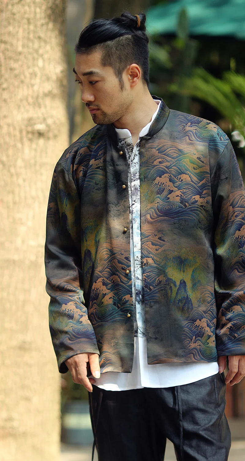 Silk Xiangyun Cloth Jacket Men's Spring Autumn Casual Vintage Chinese Style National Trend Silk Leisure Outerwear
