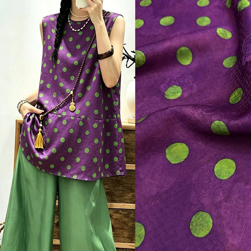 114cm-wide-26mm-hole-through-green-dots-printed-purple-hualuo-silk-fabric-for-diy-sewing-summer-dress-blouse-pants-pajamas-r6782
