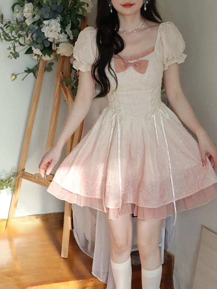 

Pink Kawaii Lolita Party Mini Dress Women Puff Sleeve Casual Sweet Dress Female Elegant France Vintage Dress Spring Summer 2023