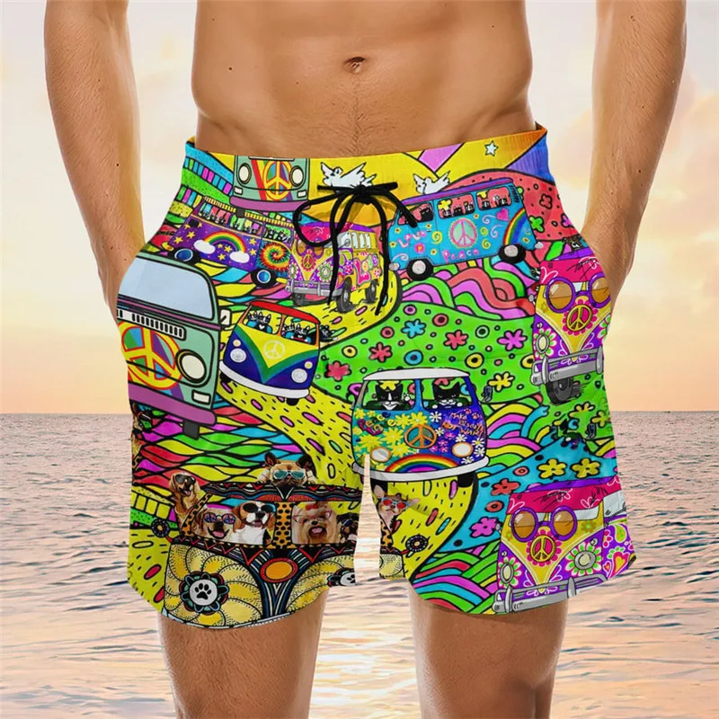 Mesh Lining Elasticated Waistband Hippie Bus Graphic Print Quick Dry Shorts Casual Day Men's Surf Shorts Swim Shorts Drawstring