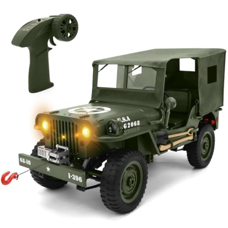 

Remote Control Truck Off Road 4x4 1/10 Scale Willys Army Rock Crawler RC Truck with Winch Car Cover 40Mins Play Time All Terrai