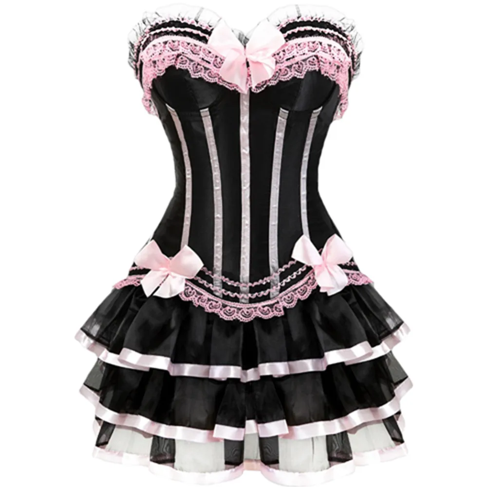 Burlesque Dancer Dress Striped Floral Lace Up Overbust Corsets Bustier with Skirt Set Tutu Corselet for Women Plus Size Costume