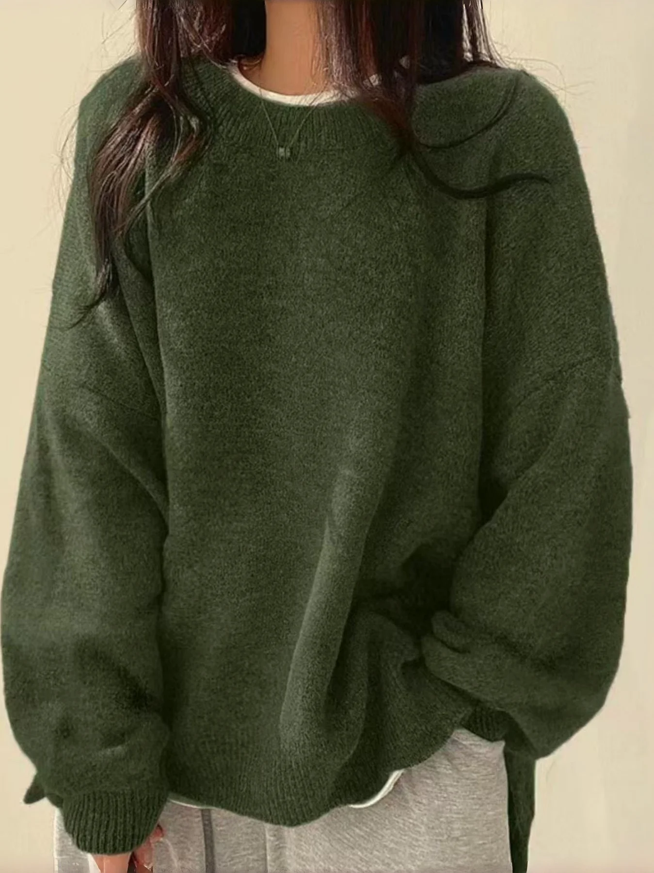 Red Knit Loose Long Sleeve Sweater Women Fashion Korean Style Slit Overhead Top Autumn All Match Casual Wear