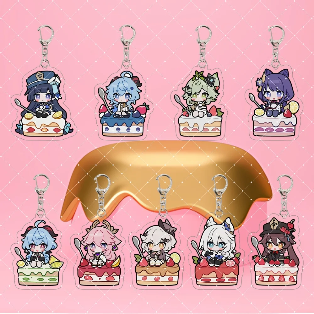 Genshin Impact Hu Tao Cute Chibi Cake 5.5cm Acrylic Keychain Furina Ganyu Yae Miko Keqing Bag Pendant Anime Collectible Gift