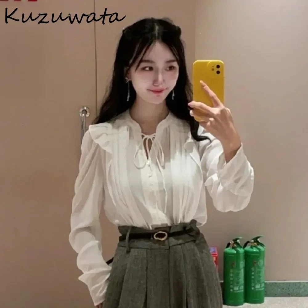 Kuzuwata Autumn New Stand Collar Puff Sleeve Print Shirt Women Lace Up Fresh All-match Blusas Japan Moda Ruffles Ruched Crop Top