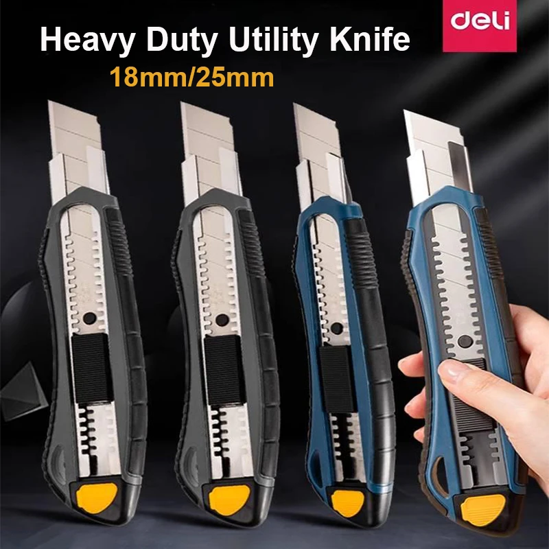 

Deli Safety Utility Knife Heavy Duty Retractable Professional Cuters Autolock Rubberized Sturdy Body for Industrial Construction