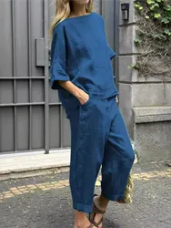 Primavera autunno nuovo vestito di cotone e lino con scollo a O tinta unita per le donne pantaloni da tasca moda Casual allentati semplici Set da 2 pezzi femminile