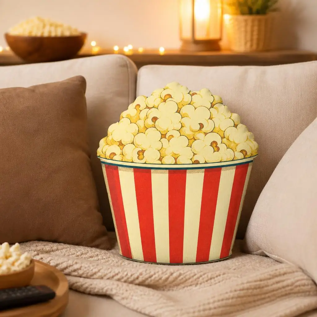 Popcorn Bucket Shaped Plush Pillow Movie Night Cushion Cinema Snack Decor Stuffed Throw Pillow for Sofa Home Theater Gift