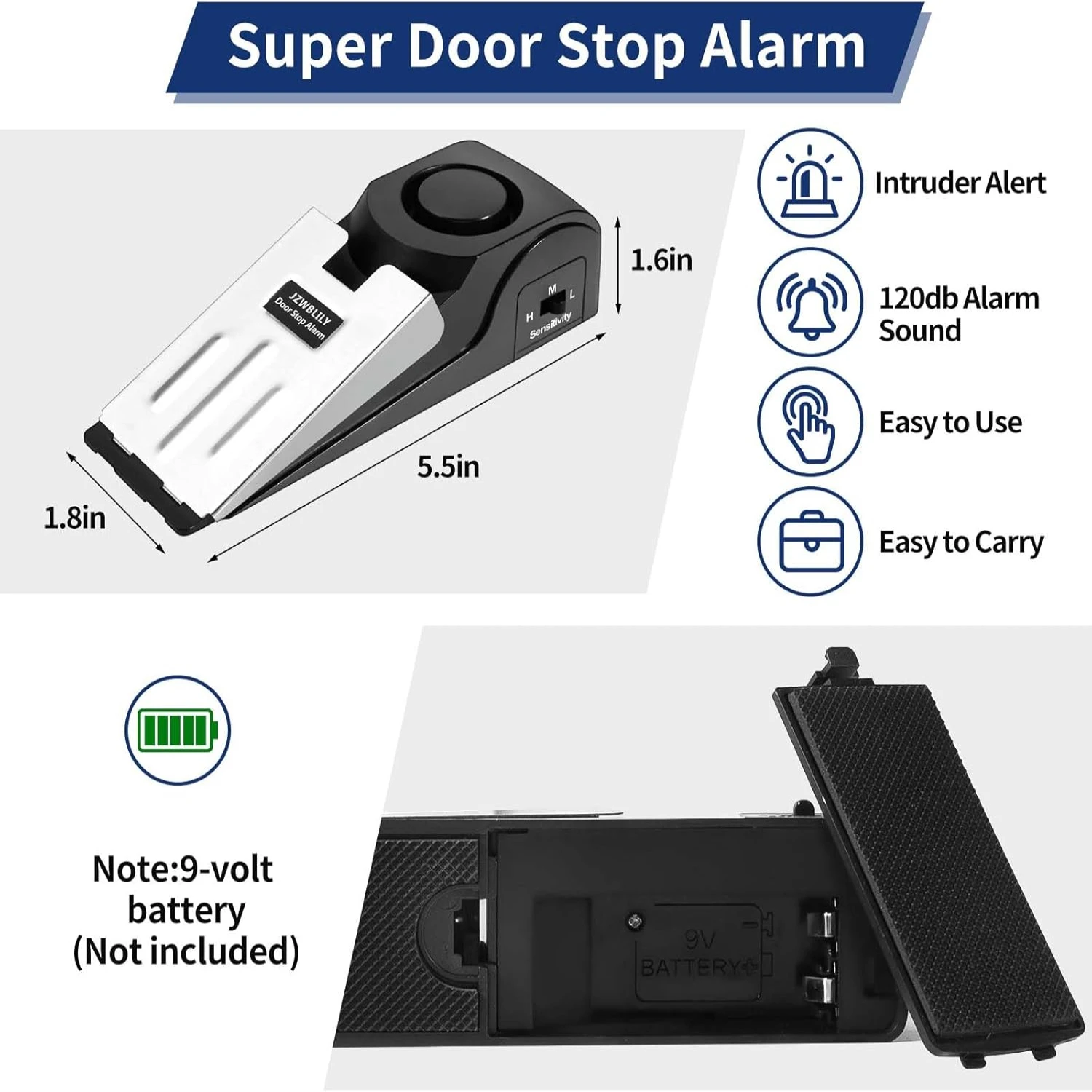 Alarma de tope de puerta mejorada, con alarma de seguridad de 120 dB, seguridad de puertas para viajes, hoteles y apartamentos (negro) (paquete de 2)