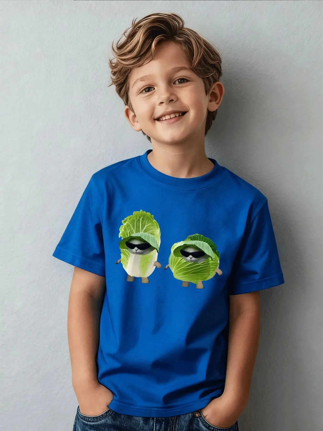 Children's Summer Leisure Trendy Cartoon Vegetable Cat Sunglasses Pattern T-shirt Summer Holiday Gift Daily Parent Child Wear