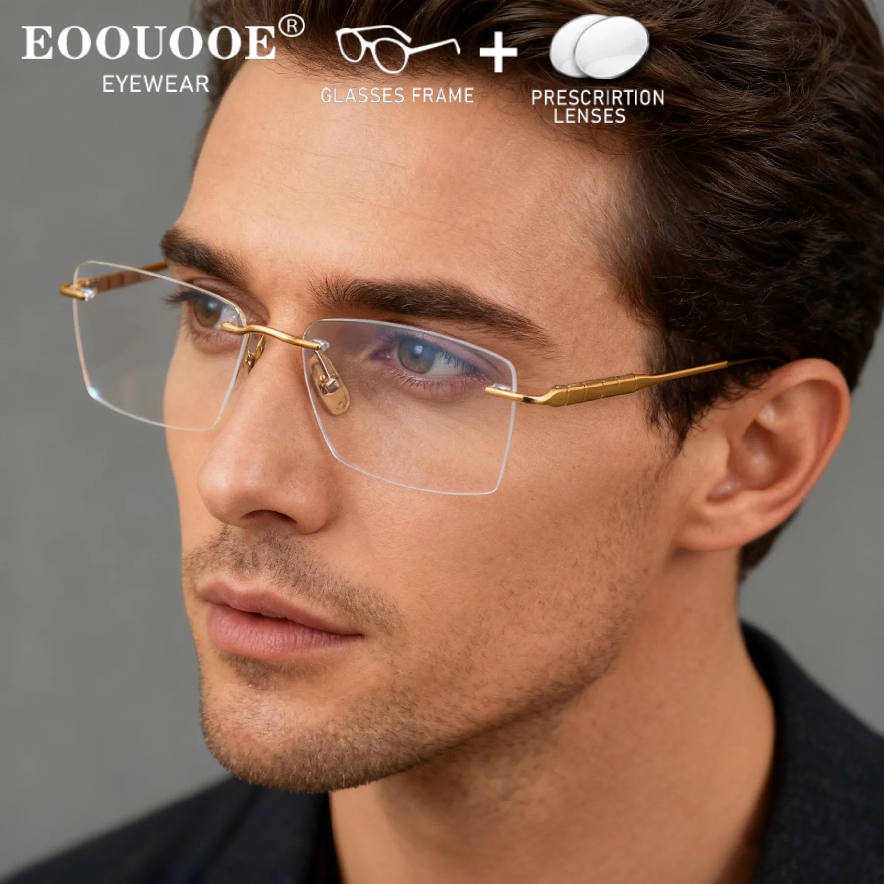 Gold Organ Spring Rimless Titanium Men's Eyeglasses Prescription Lenses UV Protection Progressive Myopia Optical Eyewear Reading