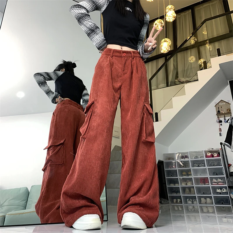 MEXZT Y2K Cargo Pants Women Streetwear Corduroy Wide Leg Sweatpants Harajuku Pockets Baggy Joggers Autumn Winter Casual Trousers