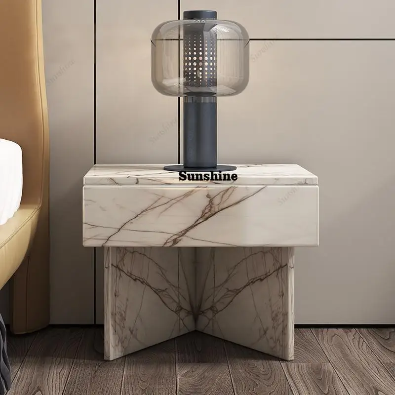 

TDItalian Minimalist Nightstand Calacatta White&Laurent Black Gold Marble, Square Rounded Geometric Base with Large Storage Draw