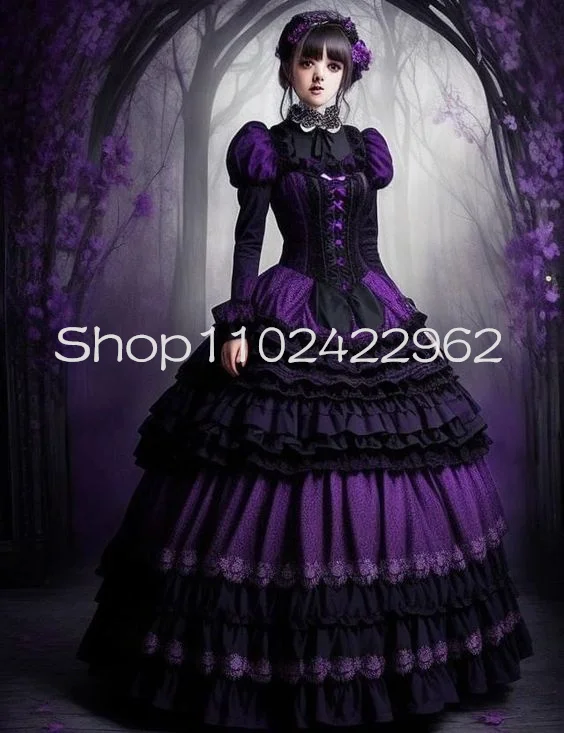 Black Purple Gothic Lolita Ball Gown Prom Dresses with Long Sleeve Ruched Ruffles Skirt Victorian Bustle Corset Evening Gown