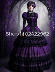 Black Purple Gothic Lolita Ball Gown Prom Dresses with Long Sleeve Ruched Ruffles Skirt Victorian Bustle Corset Evening Gown