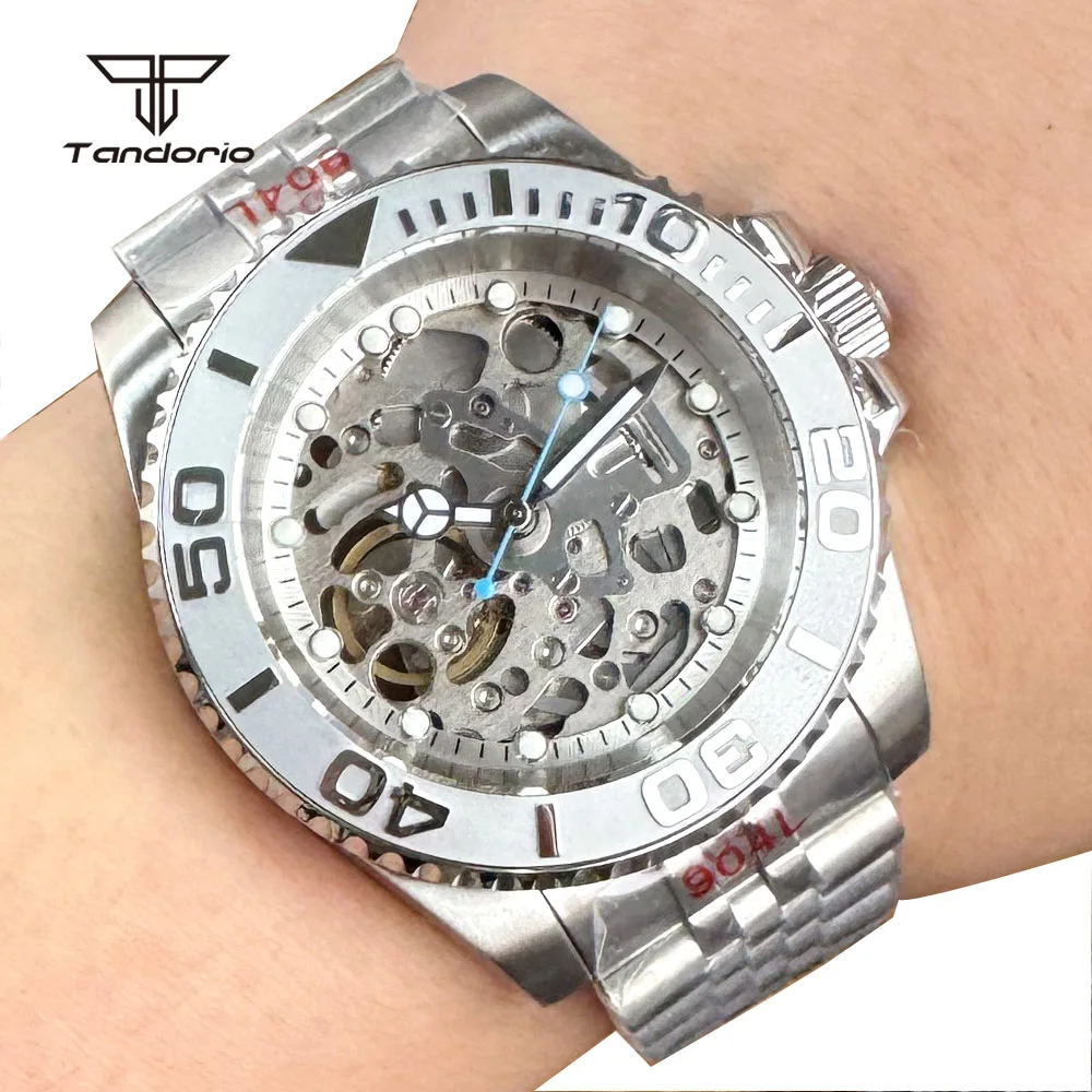 

Tandorio Sapphire Crystal NH70 Skeleton Stainless Steel 40mm Men's Dive Automatic Watch Hollow Dial Rotating Bezel Wristwatch