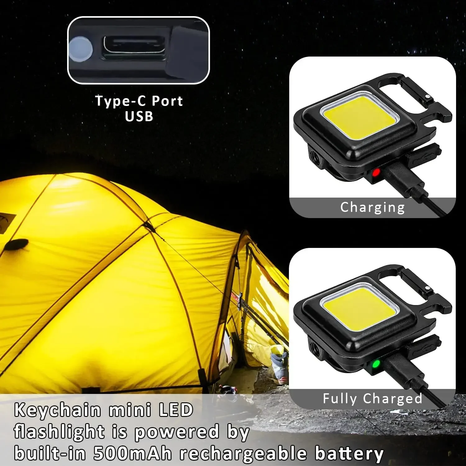 Multi-functional COB Keychain Lights Outdoor Camping Light Mini LED Flashlight Rechargeable Small Torch Emergency Warnning Light