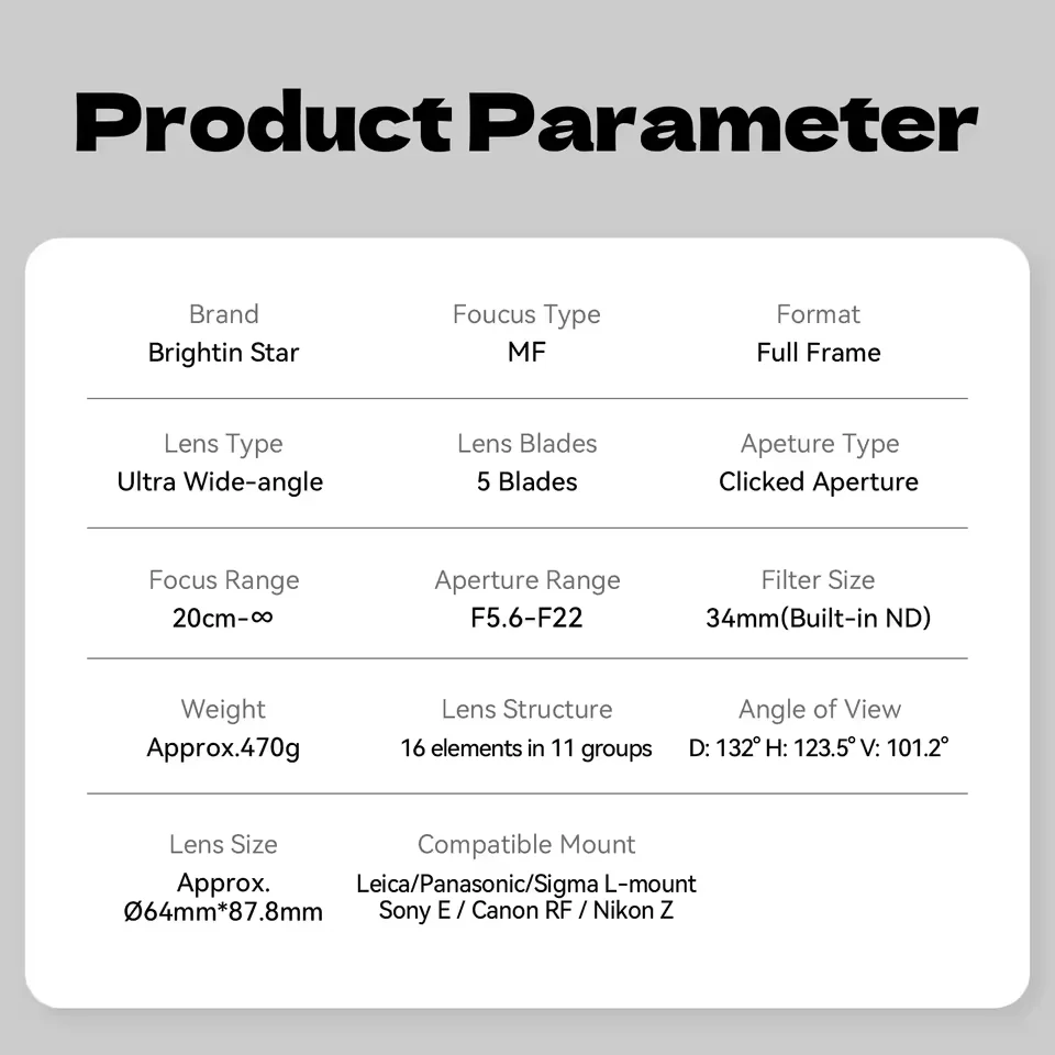 Brightin-Star Mirrorless Camera Lens, 9mm, F5.6 Full Frame, 132 °, Ultra Wide-Angle, Focagem Manual, Sony, Fujifilm, Canon