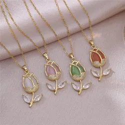 Fashion Grace Tulip Zircon Pendant Necklace Stainless Steel Chains Cute Flower Choker Jewelry Party Gift For Women Girls