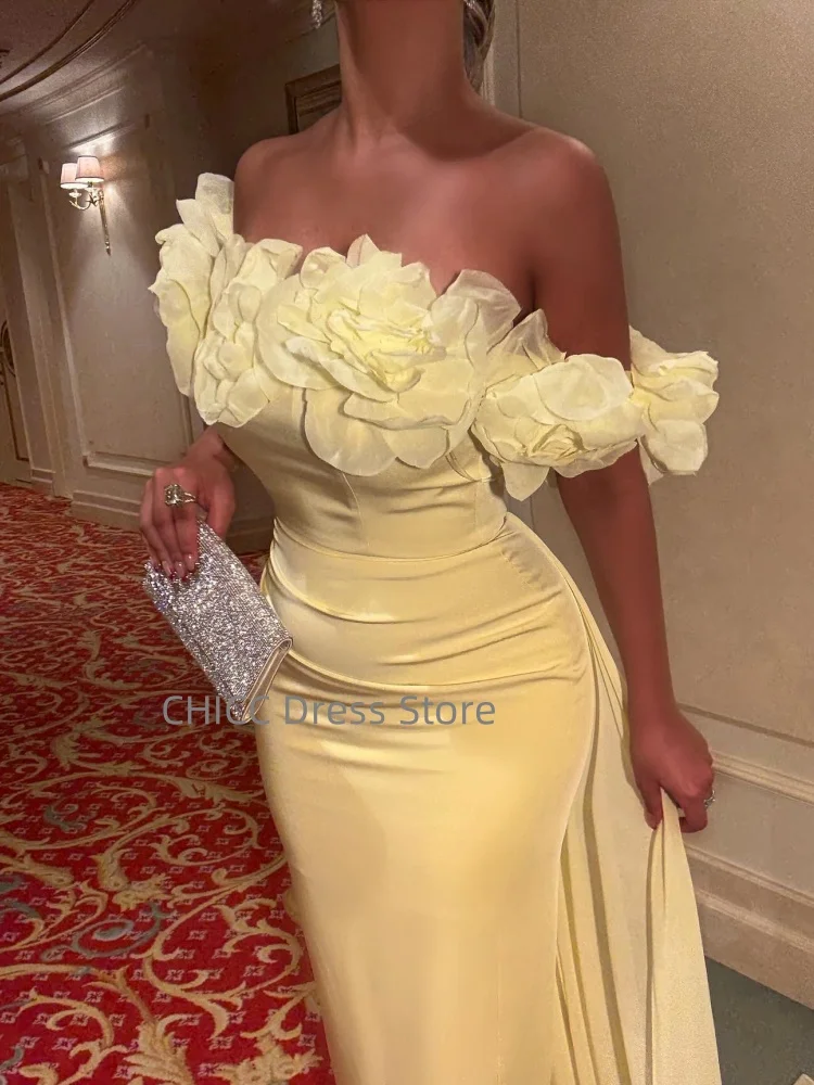 Abiti da ballo gialli senza spalline senza maniche abito da sera arabo fiore sirena mantello abito da festa di gala abiti da soirée personalizzati