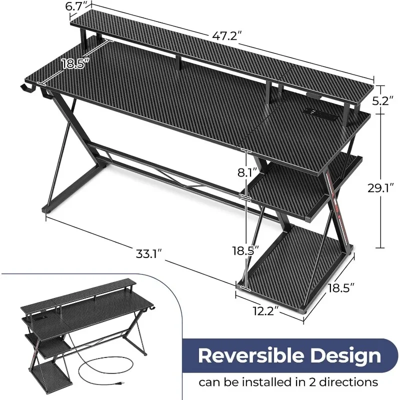 Gaming Desk with LED Lights & Power Outlets, 47