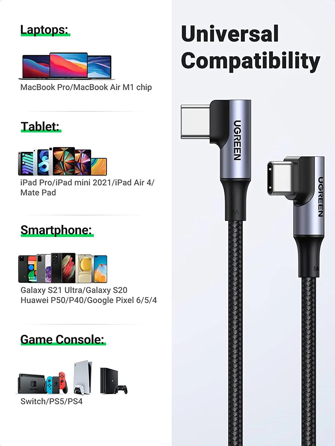 UGREEN 100W PD3.0 Cable USB C Diseño único de 90 grados Cable de carga rápida USB C Cable de carga seguro de entrega de energía máxima de 100W