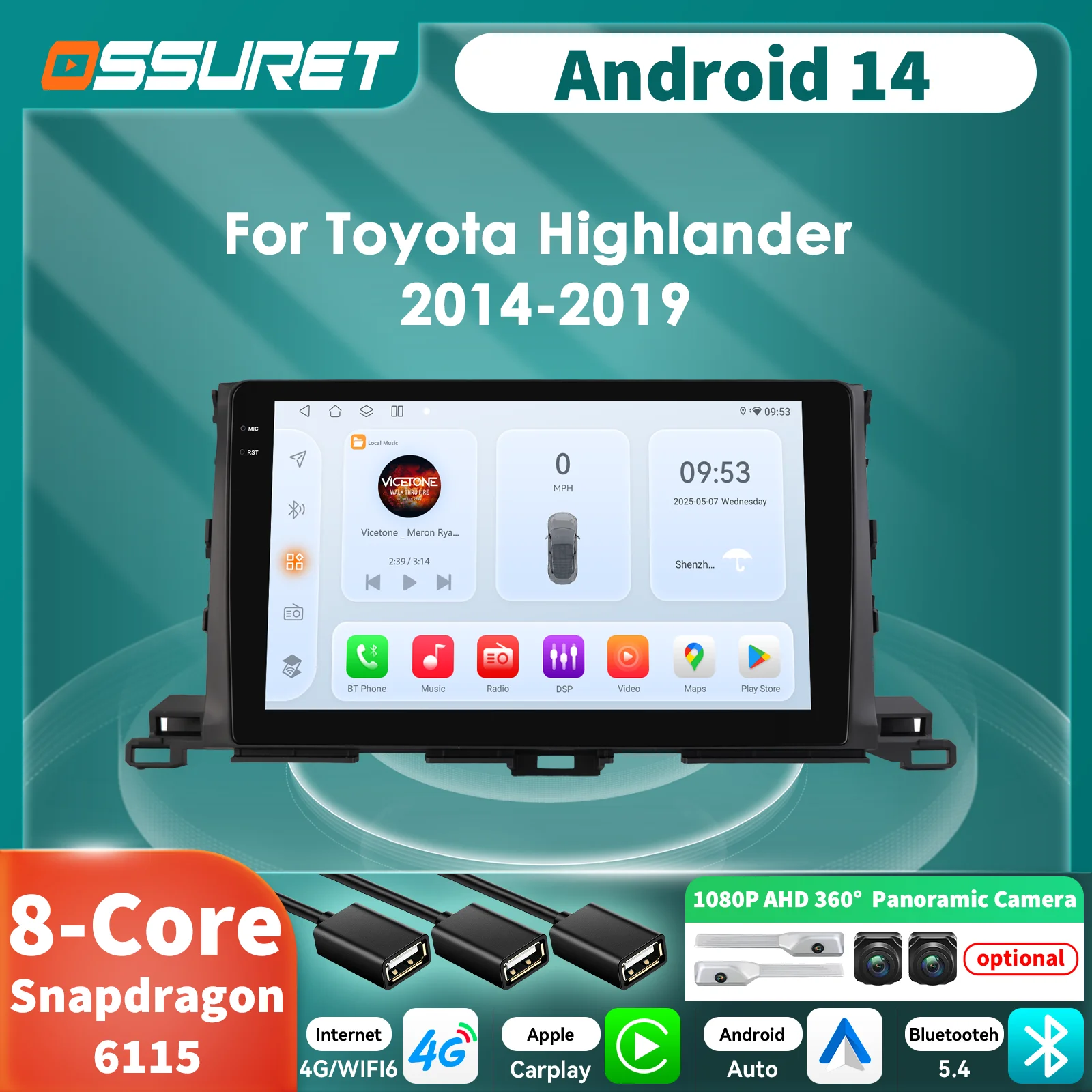 

Автомобильный радиоприемник Snapdragon Carplay Android 14 для Toyota Highlander 2014 2015-2019 мультимедиа 8 ядер 6115 авторадио GPS 360 камера