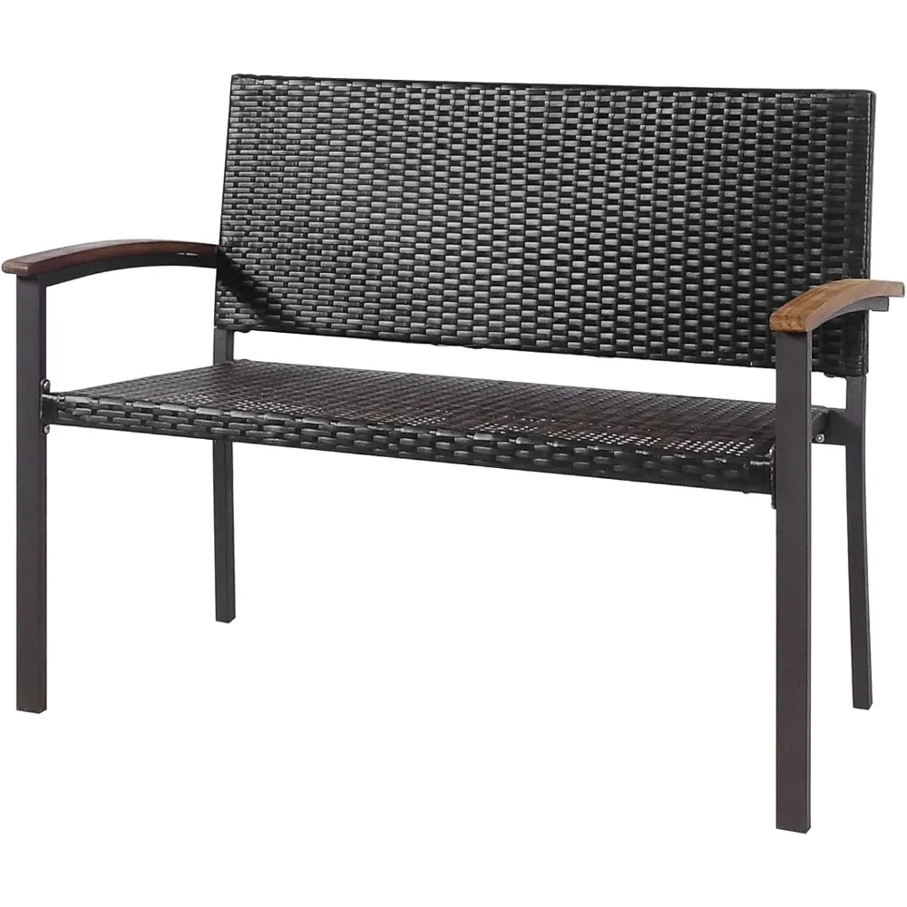 Outdoor Stackable Bench, All-Weather  Wicker Loveseat with Acacia Wood Armrests