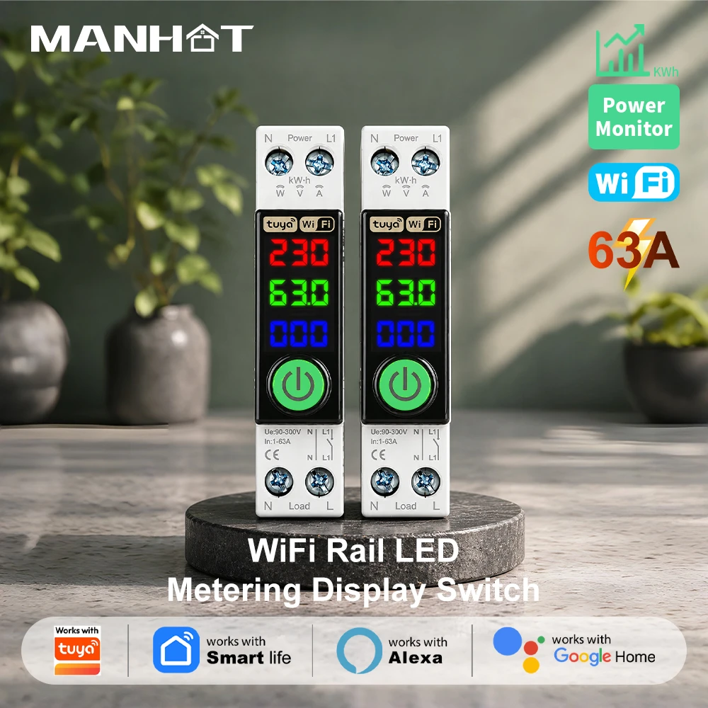 MANHOT WiFi Smart Circuit Breaker 1P+N 63A with LED Metering Display Din Rail Switch Voice Control Compatible with Tuya Alexa