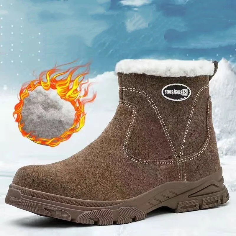 men fashion steel toe caps safety boots cow suede leather welding shoes warm cotton winter work boot worker ankle snow botas man