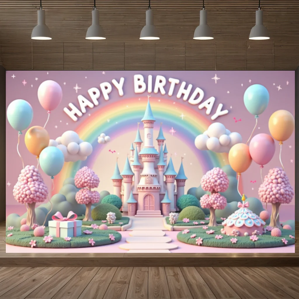 Colorful Balloon Rainbow Theme Happy Birthday Party Decoration Baby Shower Photography Backdrop For Outdoor And Home Celebration