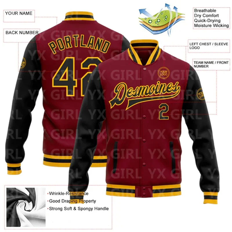 Custom Crimson Bomber completa Snap Jacket, Varsity Letterman, dois tons jaqueta, 3D impresso botão de beisebol jaqueta, preto-ouro