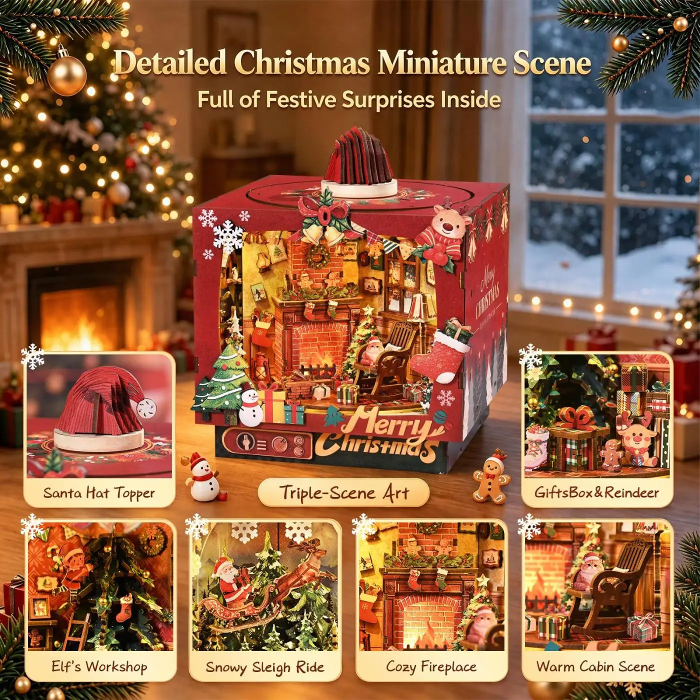 DIY Wooden Christmas Shop Bookshelf Triple-Layer Miniature Diorama Kit with LED Light 3D Puzzle for Teens Adult 14+ Holiday Gift