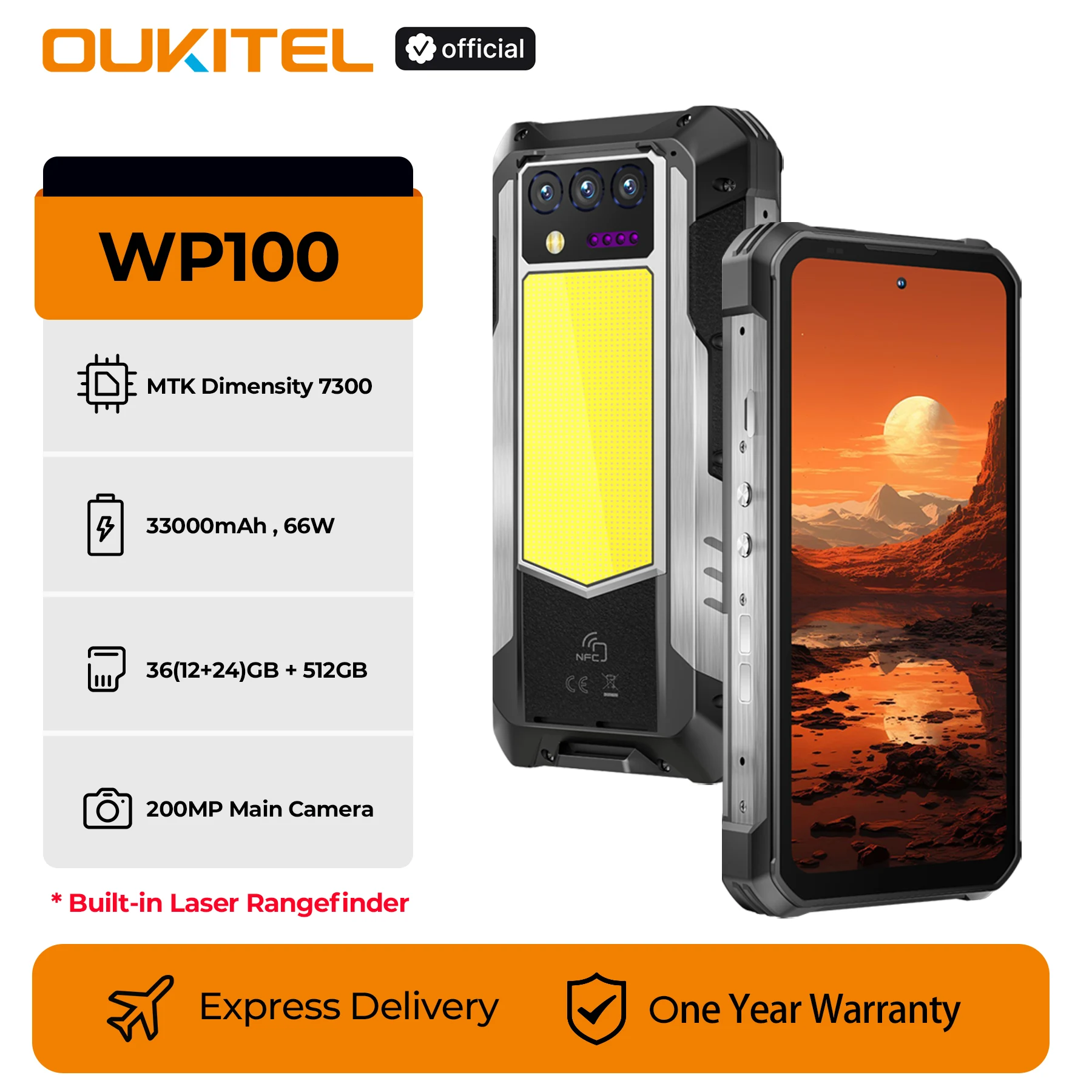 Oukitel NFC هاتف متين WP100 33000mAh مع جهاز تحديد المدى بالليزر، هاتف ذكي 5G 36 جيجابايت (12 + 24) + كاميرا 512 جيجابايت 200 ميجابكسل هاتف محمول 120 هرتز
