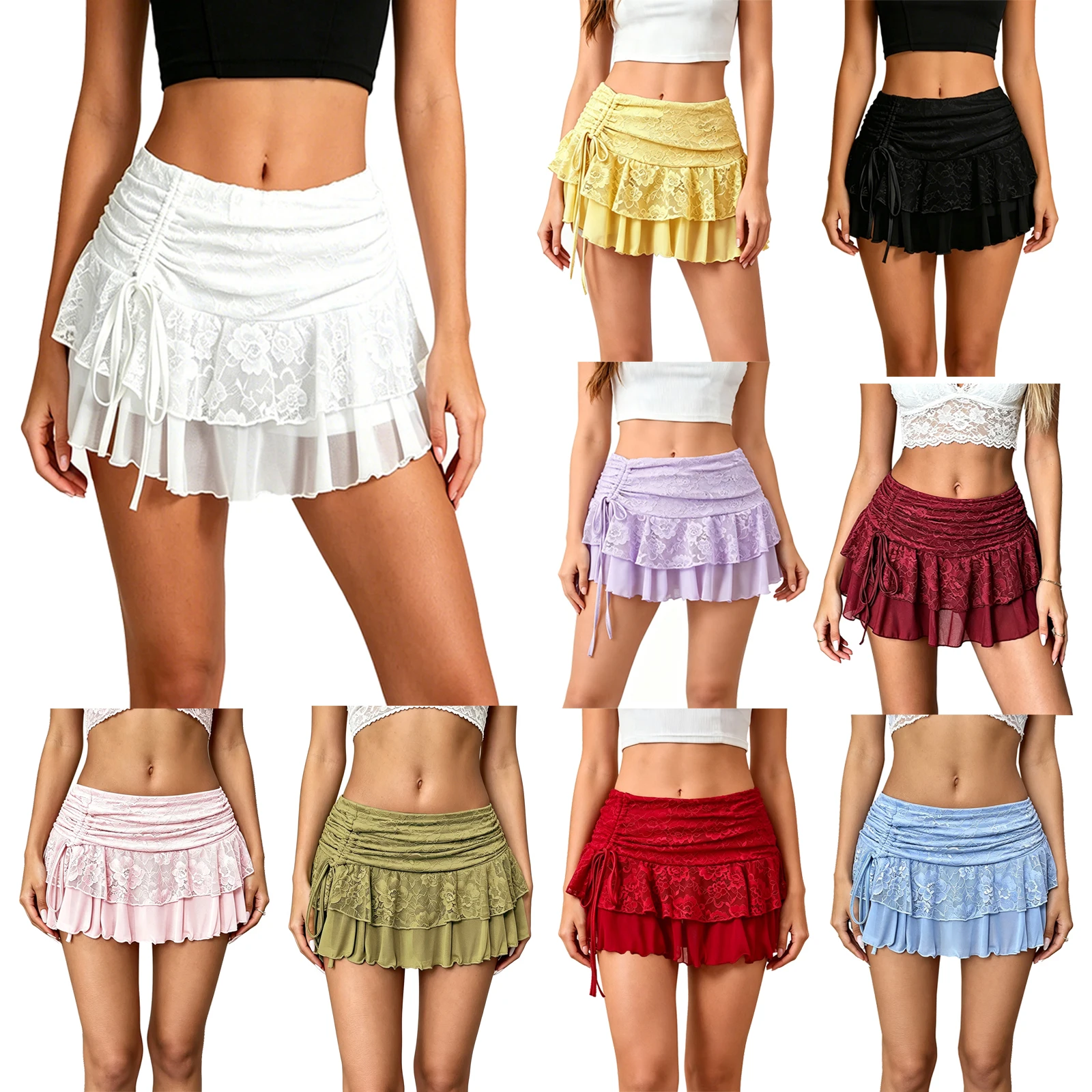 Women's Y2k Lace Ruffle Tiered Mini Skirt Mesh High Waist Side Drawstring Layered Skort Boho Outfits Micro Shorts