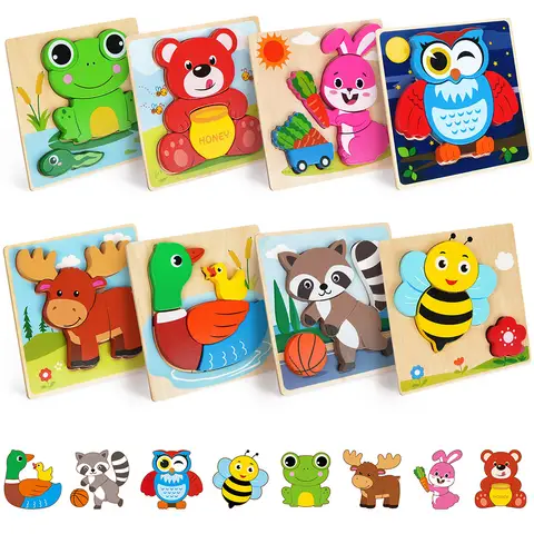 8 Pack Animal Wooden Puzzles Toys For Toddlers Boys Girls, Learning Educational Preschool Christmas Birthday Thanksgiving Gifts