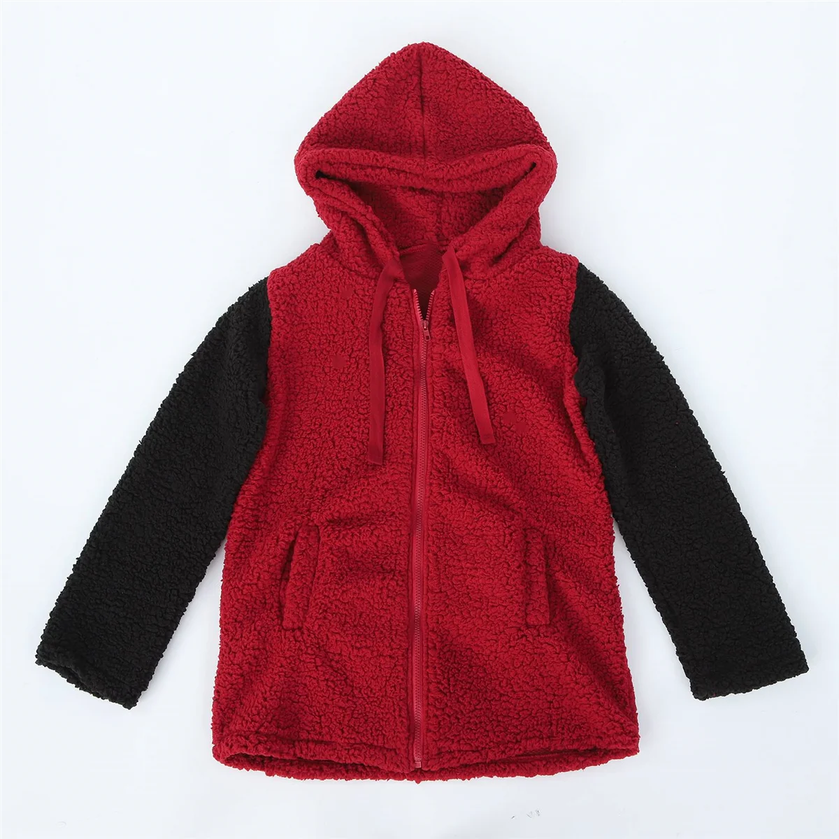 Mantel kasual wanita, jaket saku garis leher bulu tebal, topi penahan warna longgar modis, XXXL merah anggur