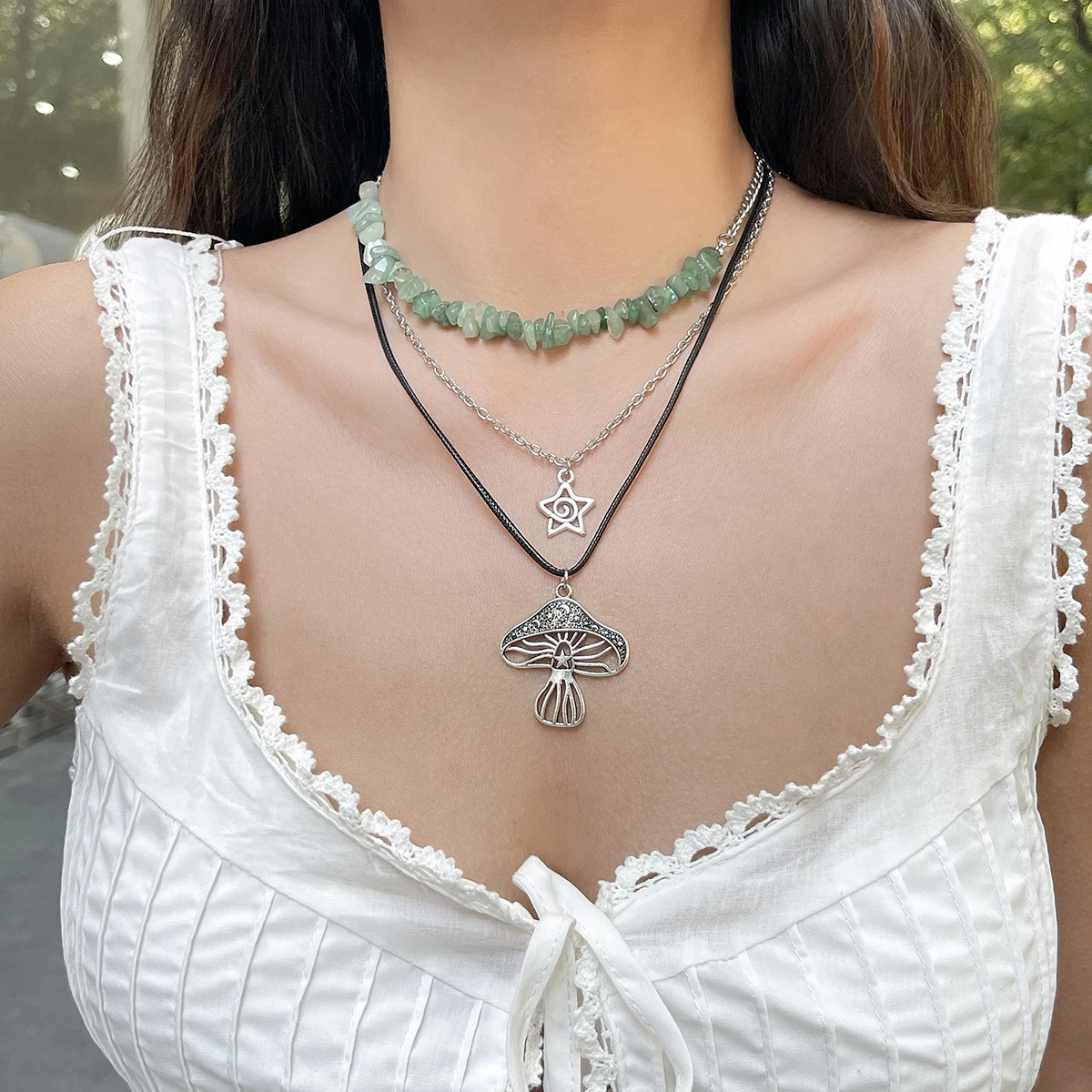 IngeSight.Z Vintage Moon and Star Mushroom Pendant Necklace Set Woman Retro Stone Leather Wax Thread Clavicle Chain Jewelry