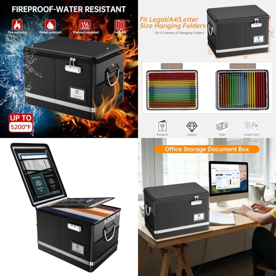 

Fireproof Document Box, 5200°F File Organizer Box with Lock, Foldable Filing Organizer Cabinet, Portable Safe Storage for Hangi