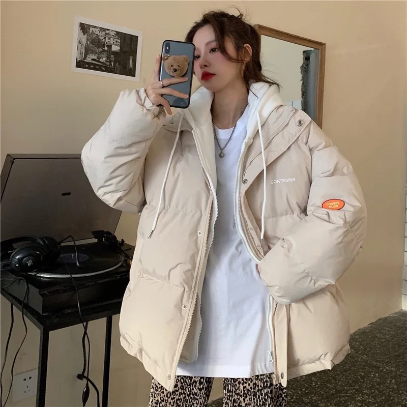 Chic Faux Two Design Pieces Parkas Women Puffy Patchwork Hooded Parka Jacket Woman Winter Pockets Zipper Up Padded Jacket Ladies