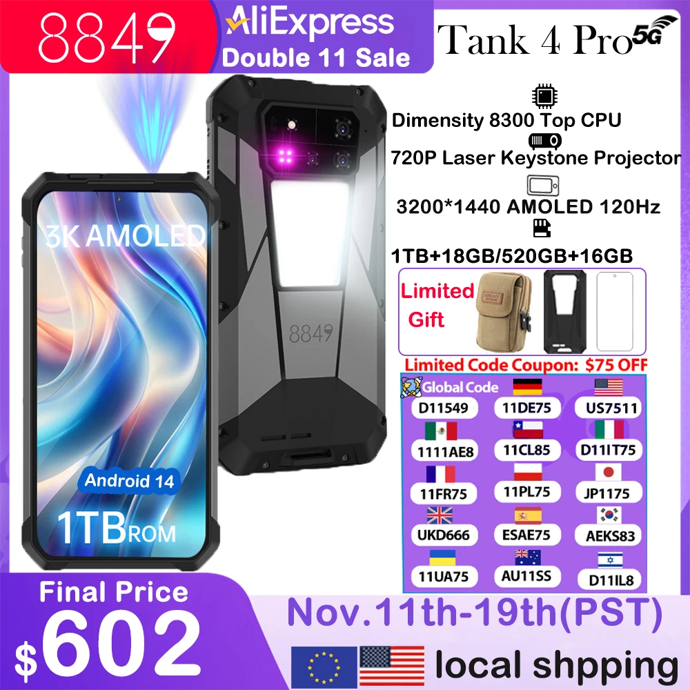 8849 Tank 4 Pro Unihertz 5G Rugged Projector Smartphone 1TB 36G Android 14 Sports Phone 11600mAh Dimensity 8300 AMOLED 120HZ