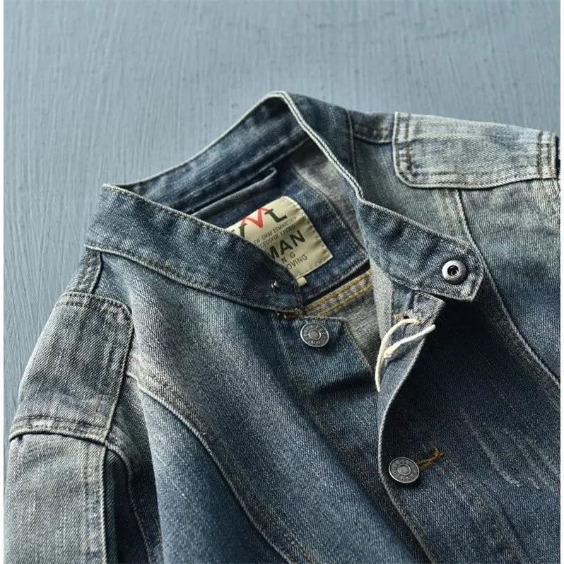 

Retro Waed Motorcycle Jaet Loose Fit Stand Collar Denim Coat for Men Autumn Season Faionable Youth Sle Long Sve