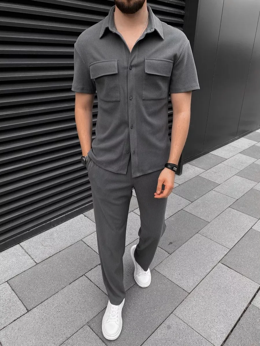 

Men's Summer New Solid Corduroy Short Sleeve Shirt & Long Pant Two Piece Set Pocket Button Stylish Casual Loose Matching Set