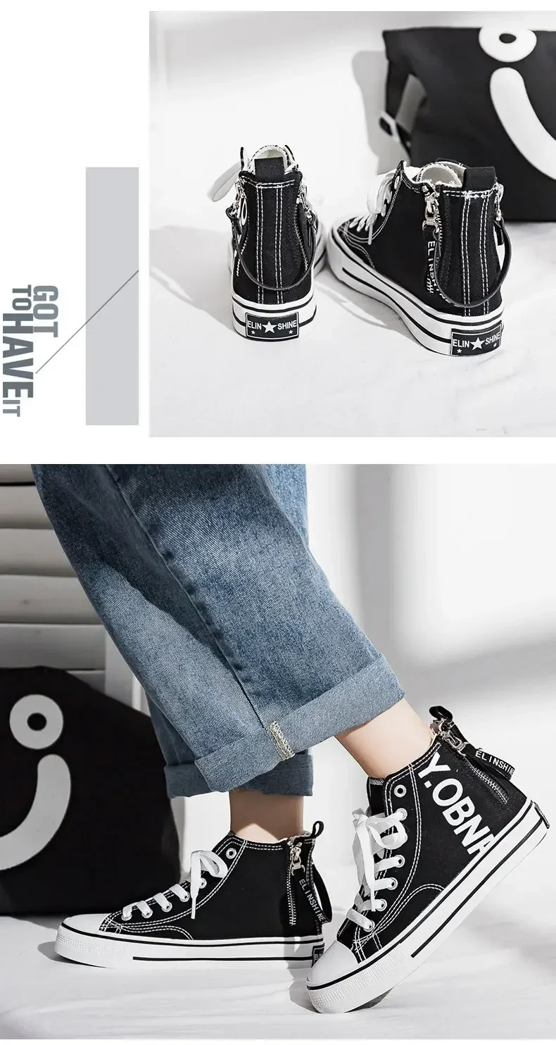 Neue Damen-Canvas-Schuhe mit erhöhter Sohle, weiße Sportschuhe, seitlicher Reißverschluss, lässig und bequem, Designer-Stil – Detail 11