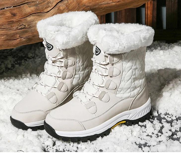 Winter Outdoor Snow Boots Women Waterproof Mid-tube Leather Top Warm High-top Anti-skid Boots with Wool Thickened Cotton Shoes