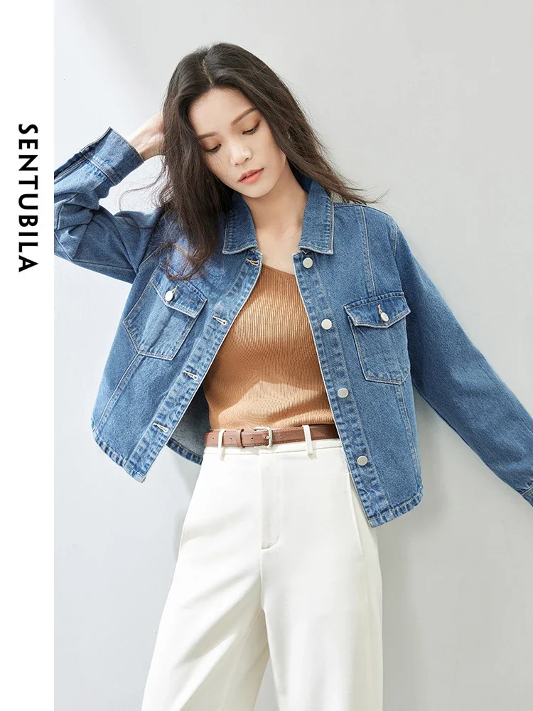 

SENTUBILA Women 100% Cotton Denim Coat 2024 Spring Auttum Short Jean Jacket Fashion Straight Button Women's Outerwear W43W57373X